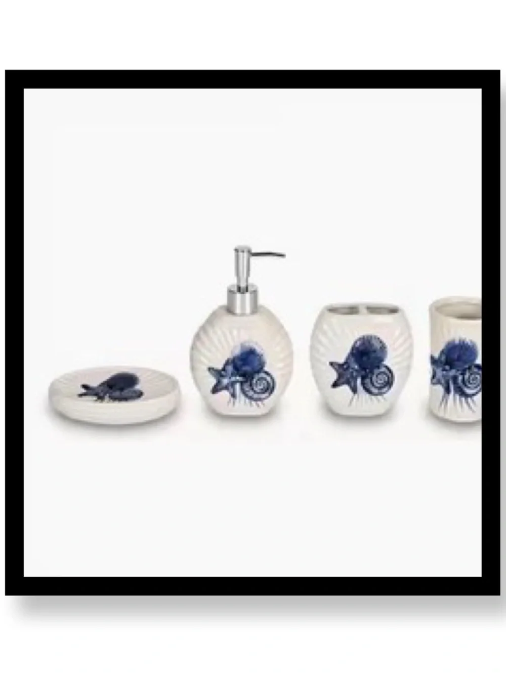 🆕 Ceramic Navy Shell 4-Piece Bath Accessory Set